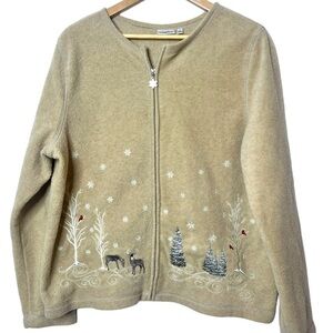 Tan Embroidered Zip-Up Cardigan